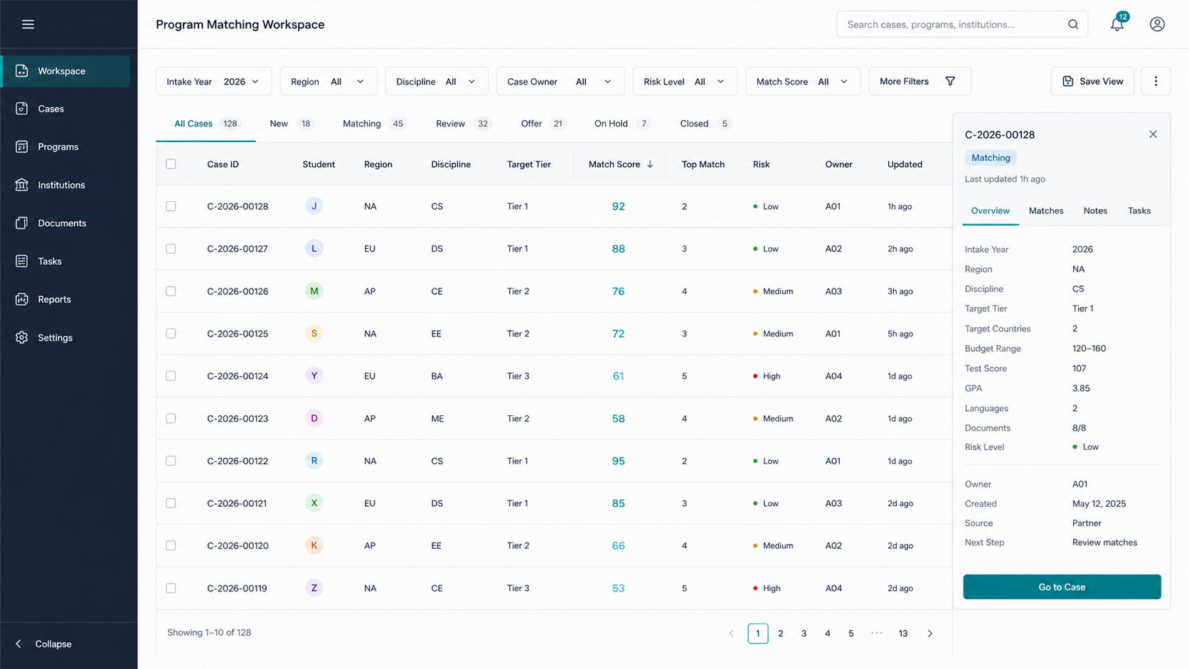 Program matching workspace product screenshot